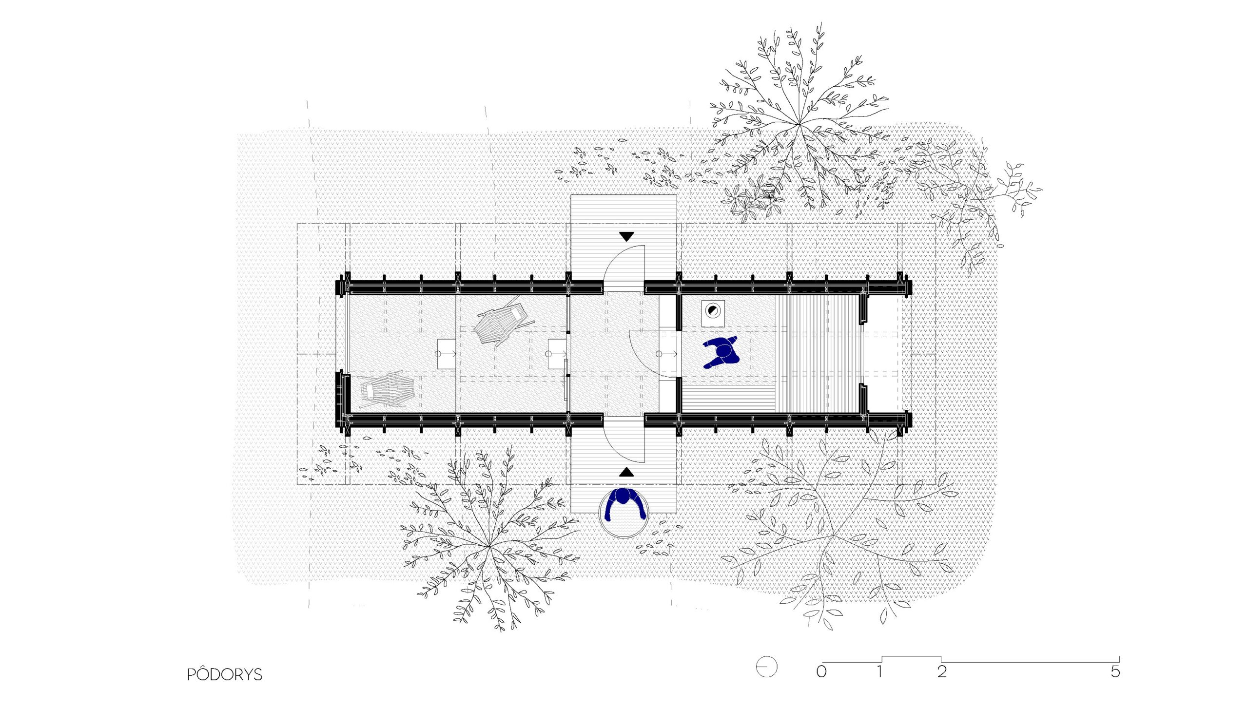 Pôdorys exteriérovej sauny v Zaježovej. Sauna je trojpriestor - centrálneho vstupu, odpočívarne a potiarne.