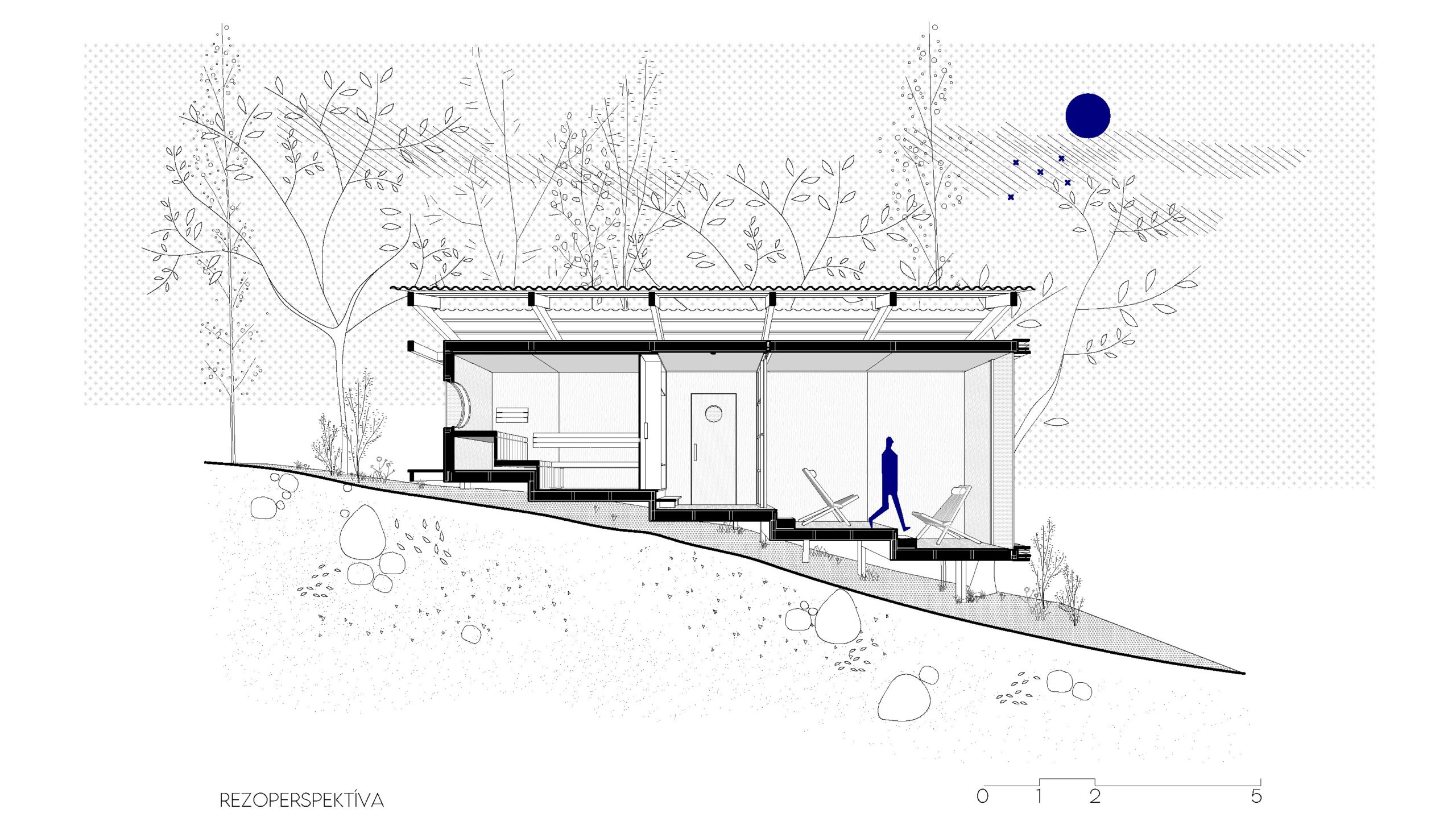 Rez exteriérovou saunou v Zaježovej. Sauna rešpektuje a citlivo reaguje na jestvujúci svahovitý terén lazov.