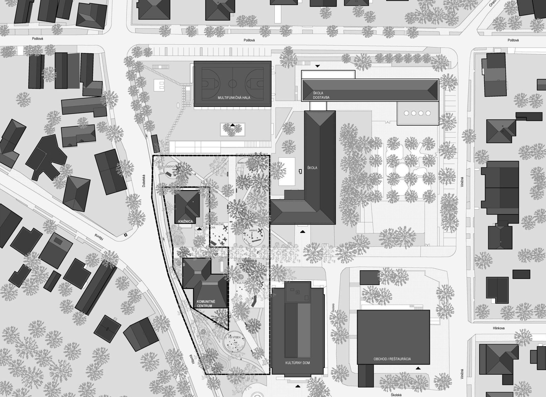Architektonická štúdia komunitného centra v Bernolákove. Novostavba dotvára uličnú čiaru a dopĺňa pôvodnú štruktúru o kultúrnu sálu a kaviareň.